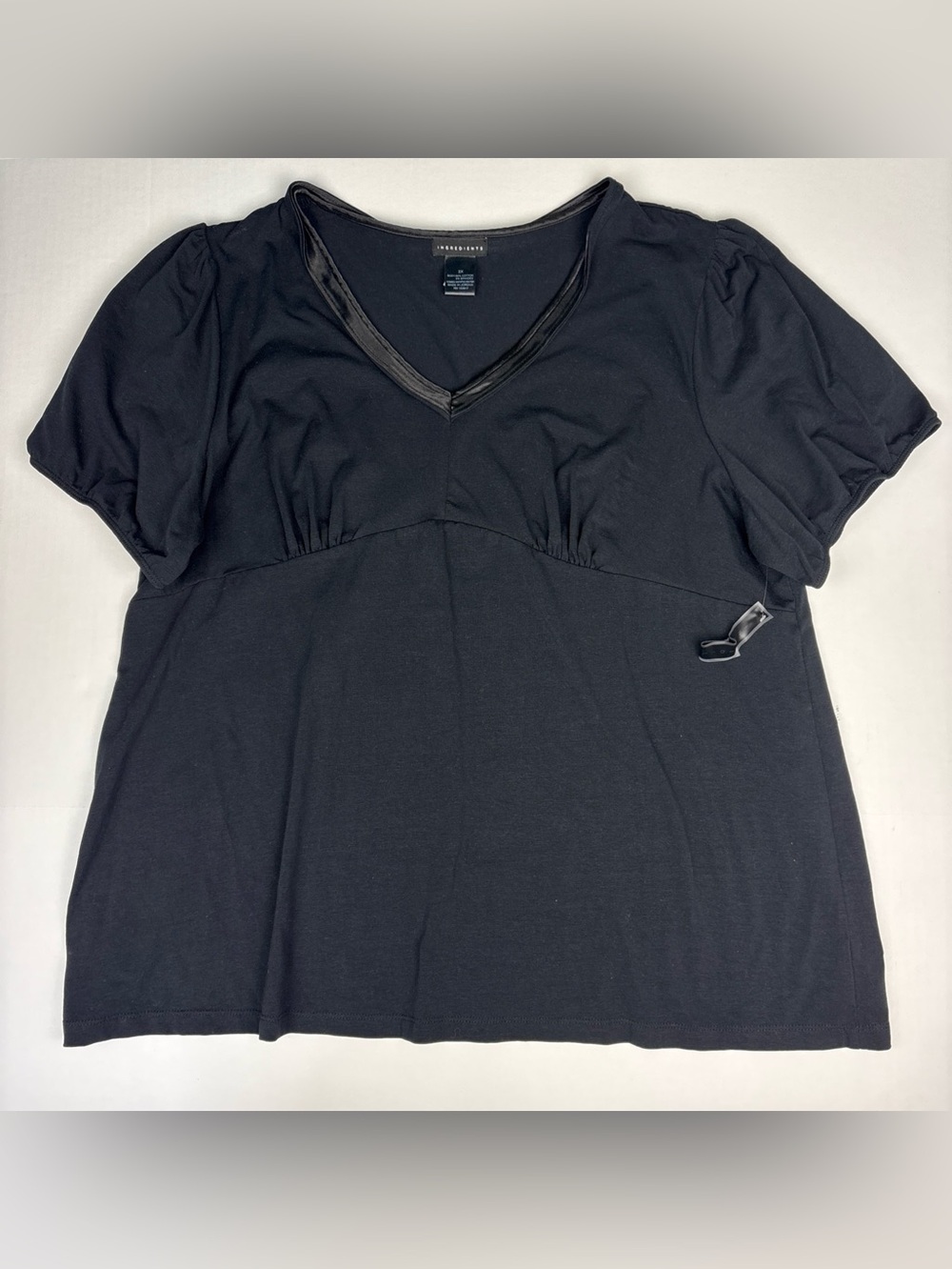 Ingredients Women 2X Shirt Black V-Neck Satin Trim New Tags Cotton Spandex Blend